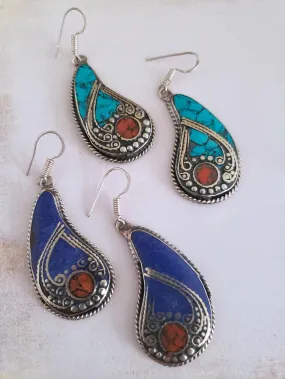 Tibetan Earrings - Lapis or Turquoise Paisleys