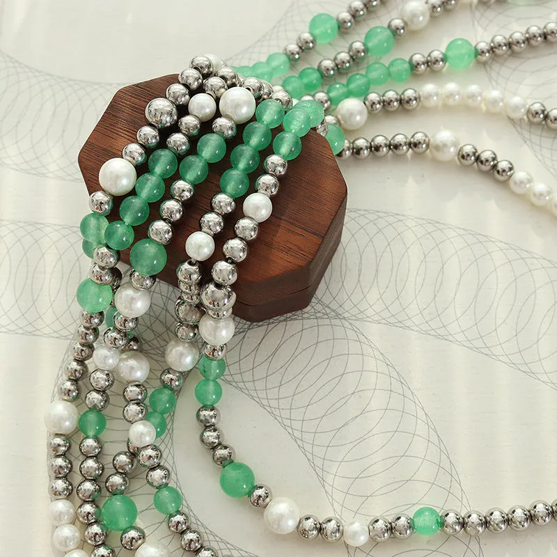 Trendy Brand Necklace with Jade Bead and Pearl Splicing Chain - Titanium Steel Women's Jewelry