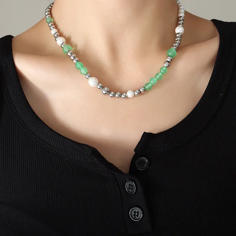 Trendy Brand Necklace with Jade Bead and Pearl Splicing Chain - Titanium Steel Women's Jewelry