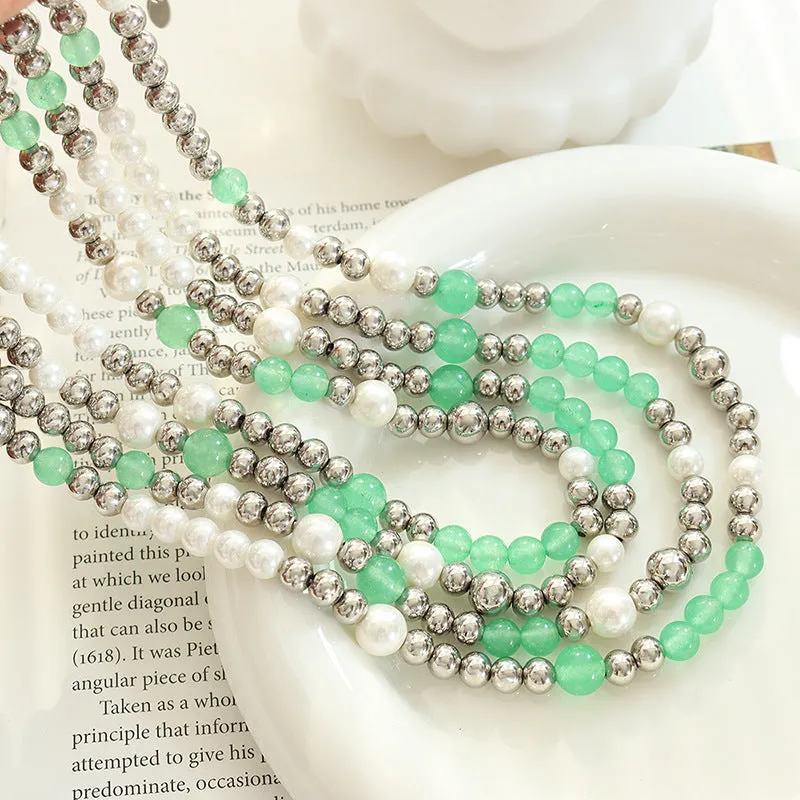 Trendy Brand Necklace with Jade Bead and Pearl Splicing Chain - Titanium Steel Women's Jewelry