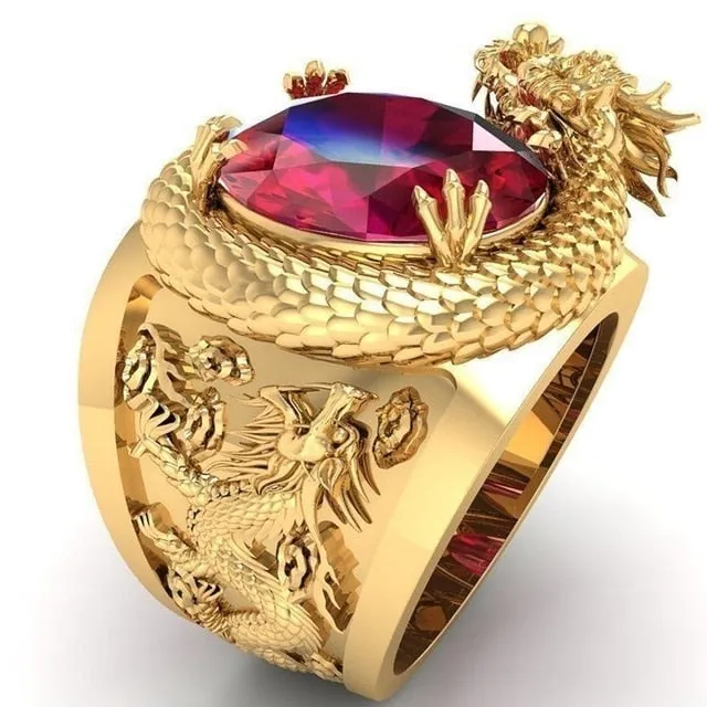 Trendy Jewelry Chinese Dragon Band Rings for Men with Red Zircon in Gold Color