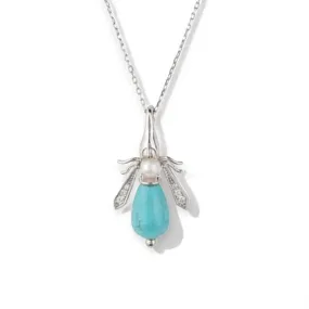 Turquoise & Pearl Gemstone Bee Pendant Sterling Silver Necklace