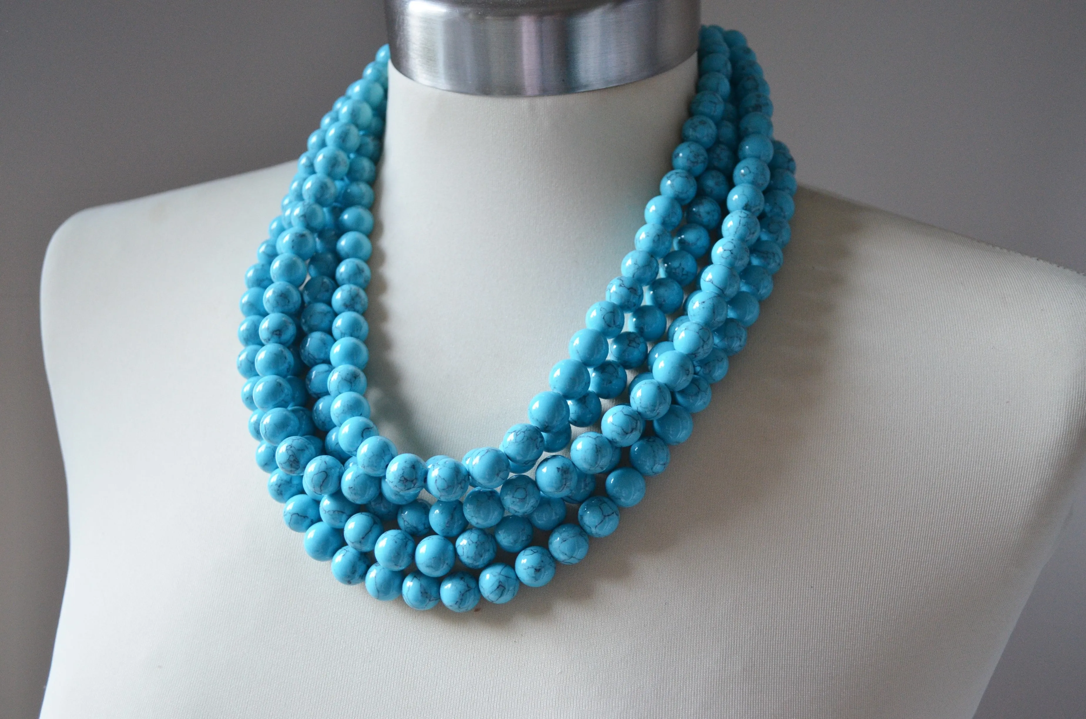 Turquoise Blue Howlite Stone Chunky Multi Strand Statement Necklace - Alana