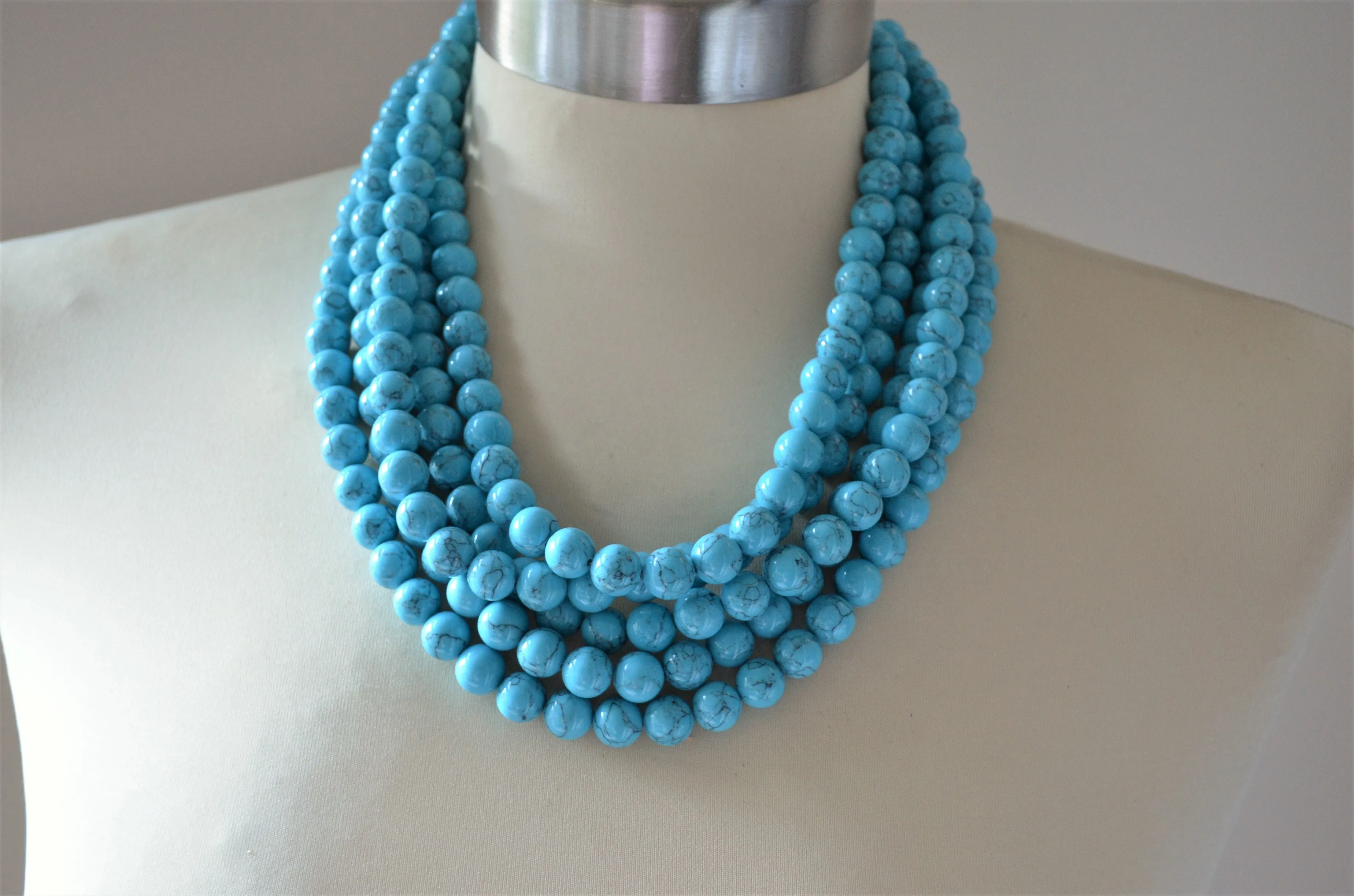 Turquoise Blue Howlite Stone Chunky Multi Strand Statement Necklace - Alana