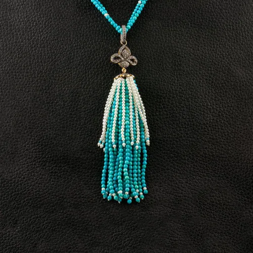 Turquoise, Diamond & Pearl Tassel Necklace