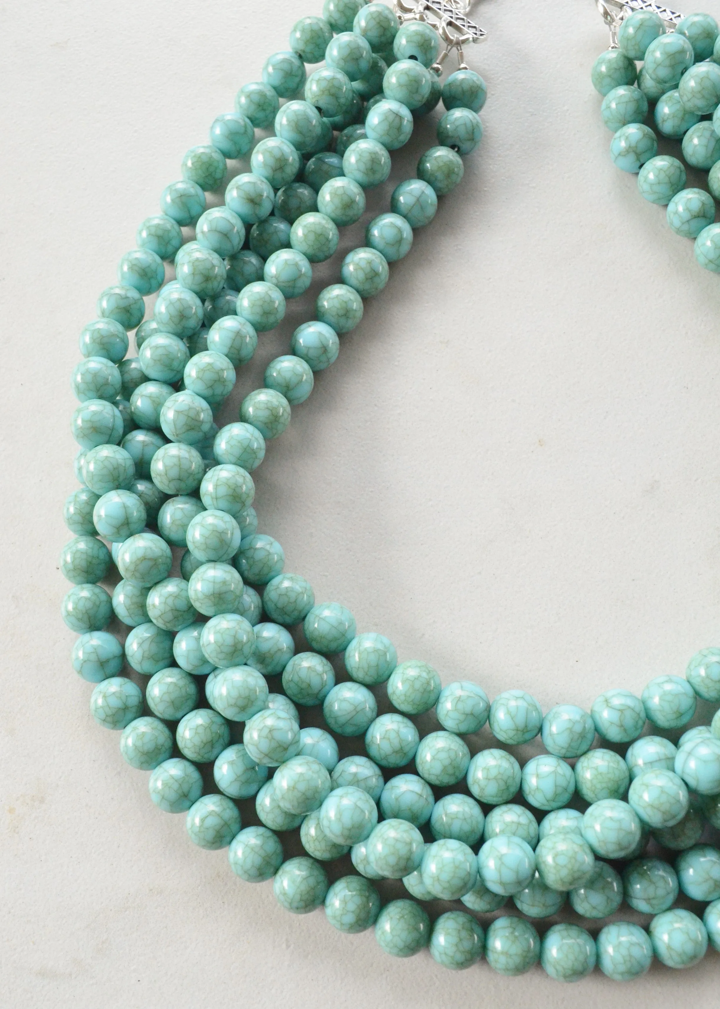 Turquoise Green Acrylic Lucite Bead Chunky Multi Strand Statement Necklace - Alana