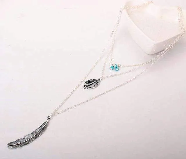 Turquoise Leaf Feather Multi Layer Necklace