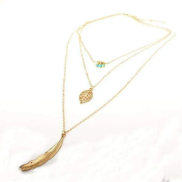 Turquoise Leaf Feather Multi-Layer Necklace