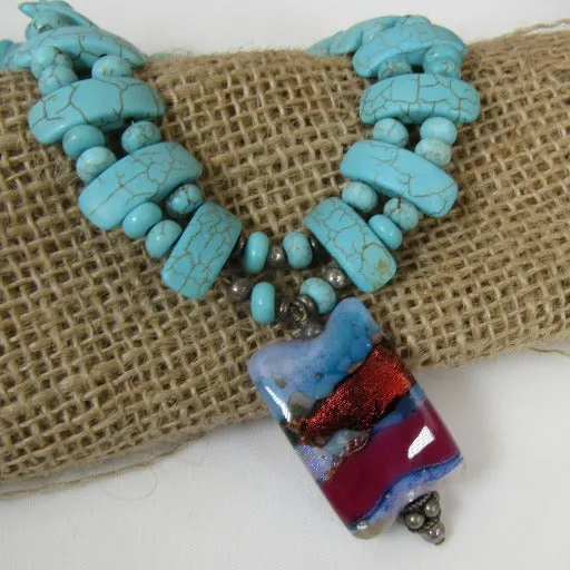 Turquoise Necklace with Handmade Dichroic Pendant.