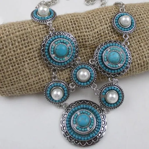 Turquoise Pearl & Silver Boho Multi Charm Necklace