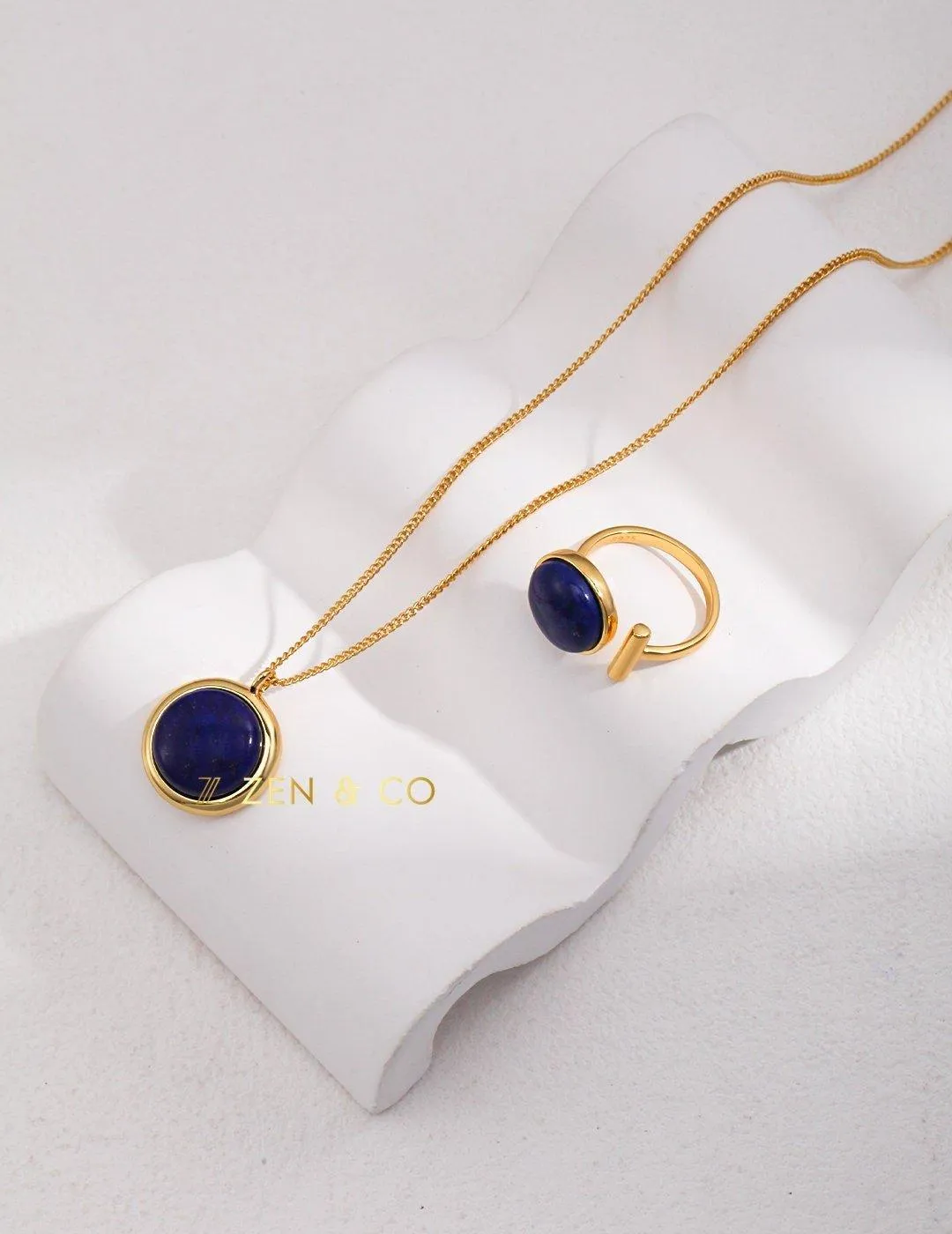 UMA Blue Lapis lazuli jewelry set, drop earrings, open ring and pendant necklace