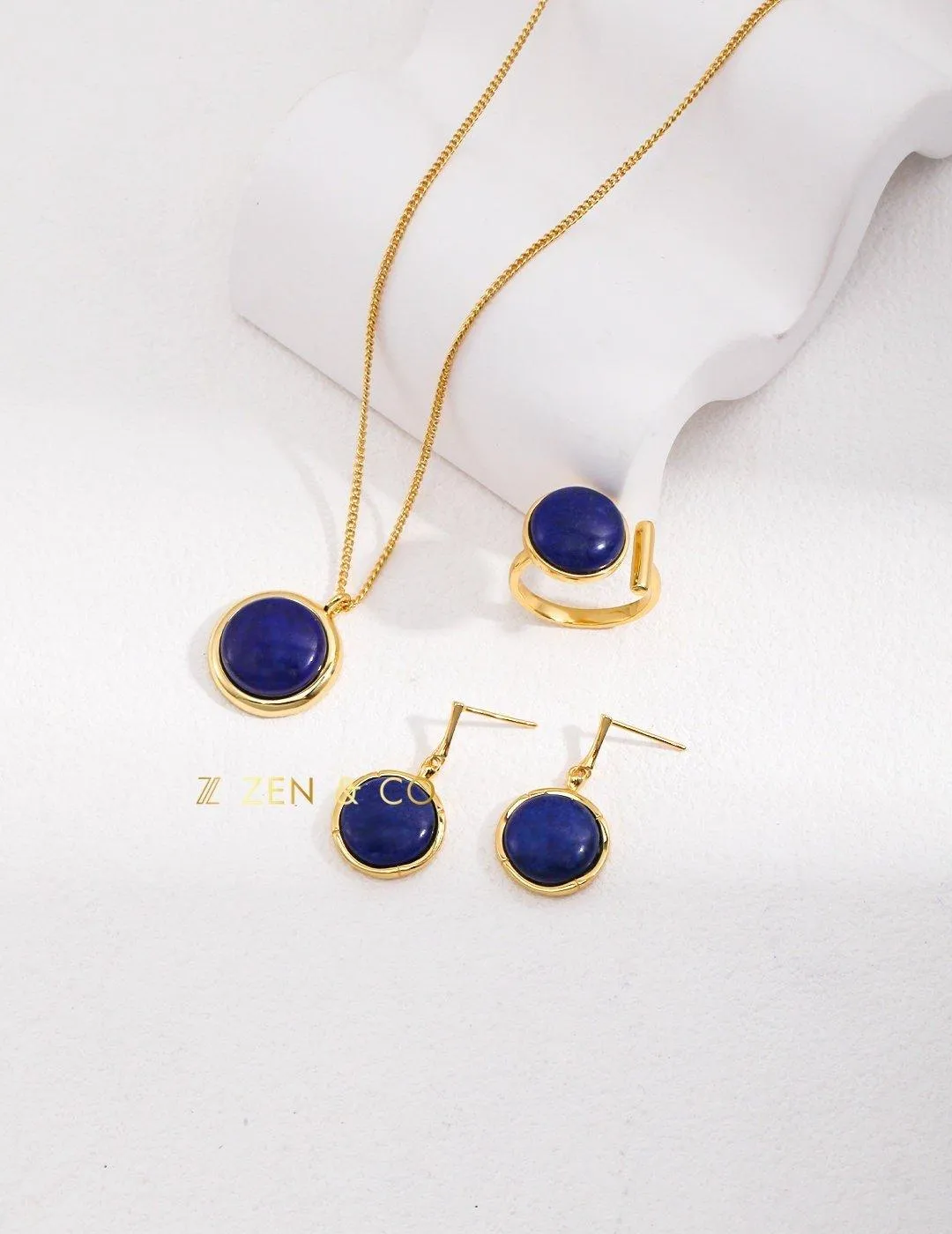 UMA Blue Lapis lazuli jewelry set, drop earrings, open ring and pendant necklace