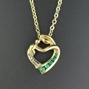 Vintage 10K Gold Emerald Diamond Heart Pendant Necklace