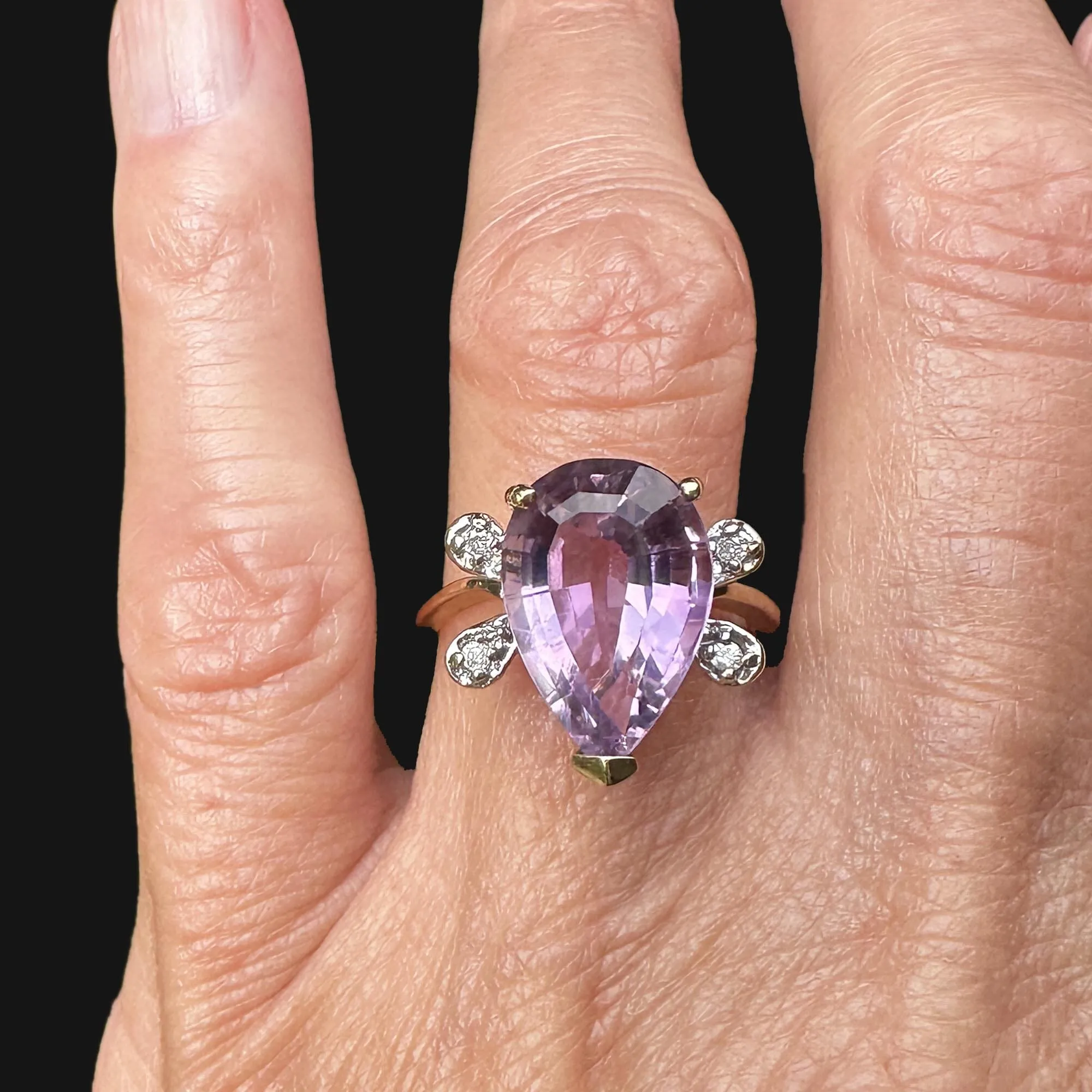 Vintage 14K Gold Diamond Wing Pear Cut Amethyst Ring