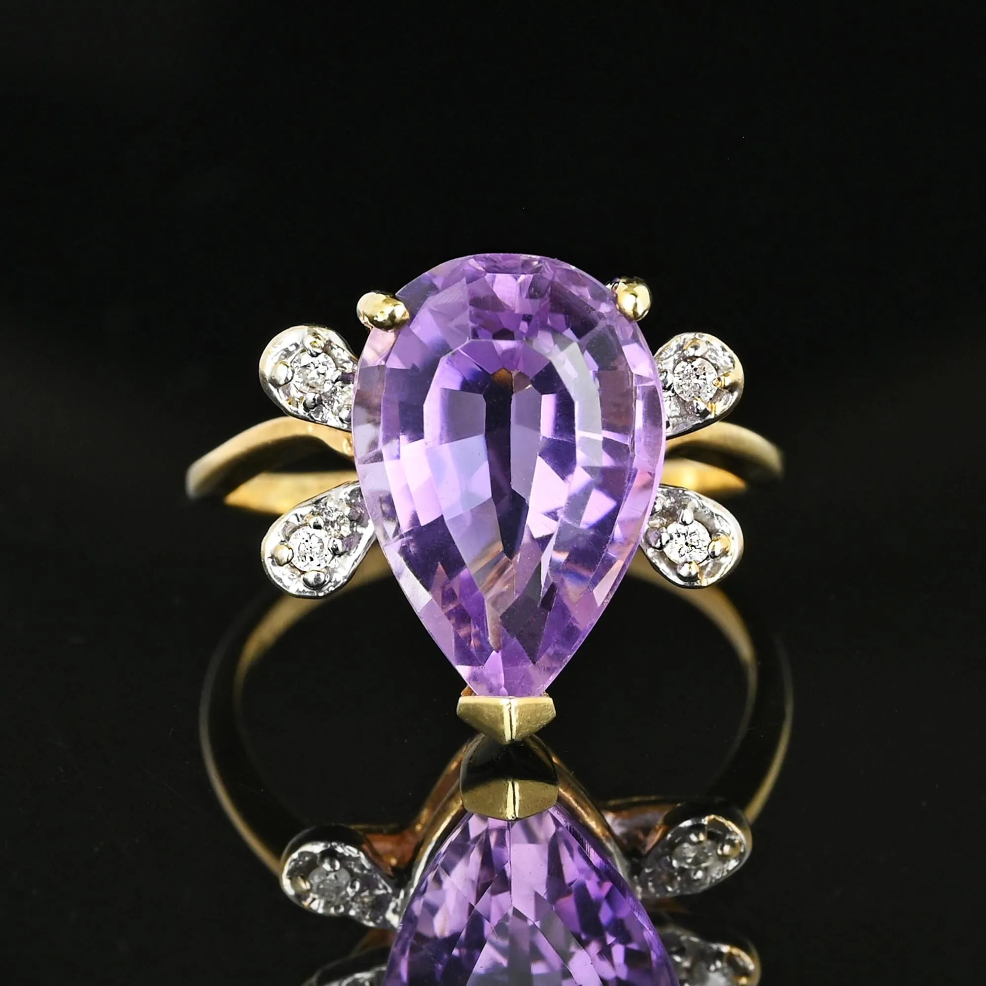 Vintage 14K Gold Diamond Wing Pear Cut Amethyst Ring