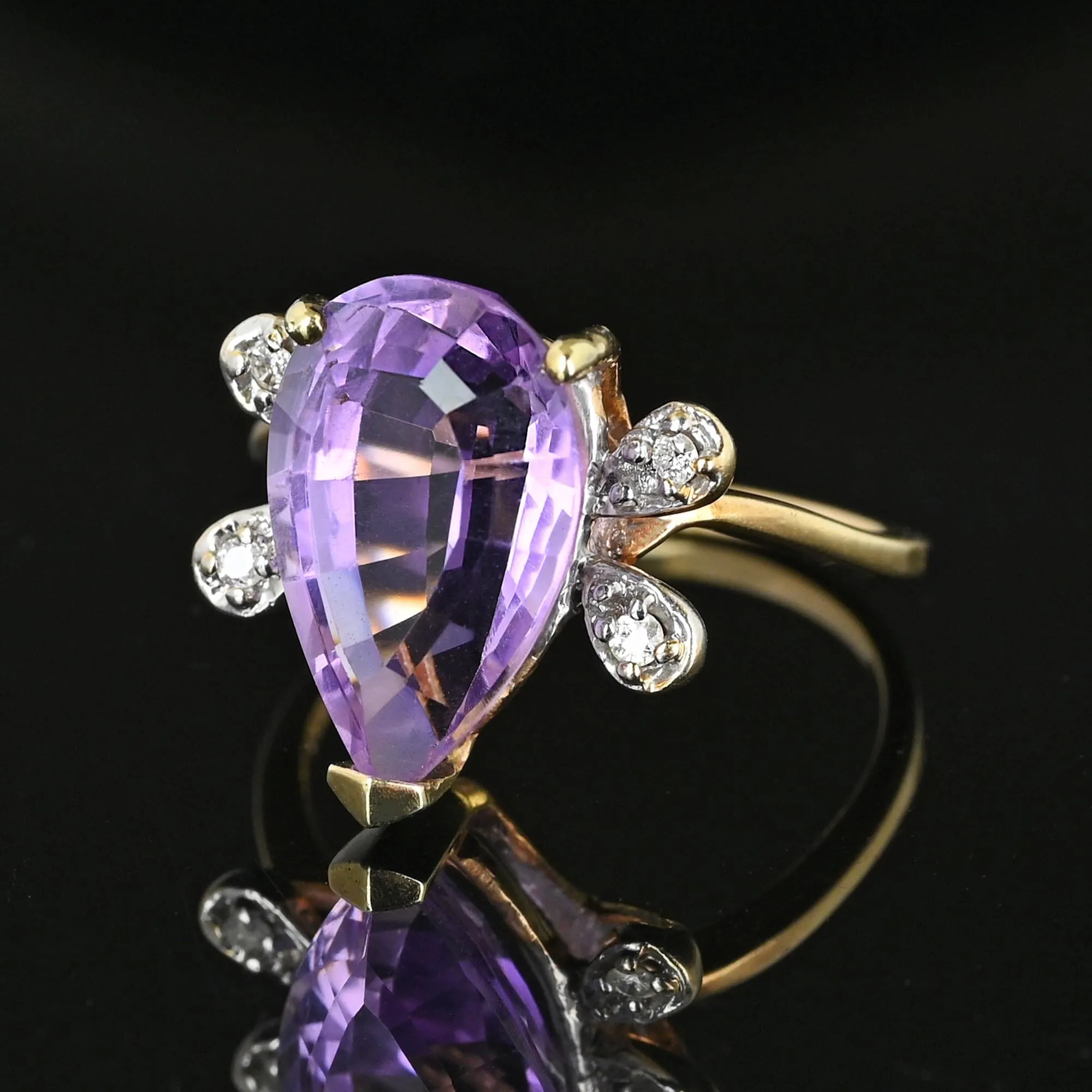 Vintage 14K Gold Diamond Wing Pear Cut Amethyst Ring