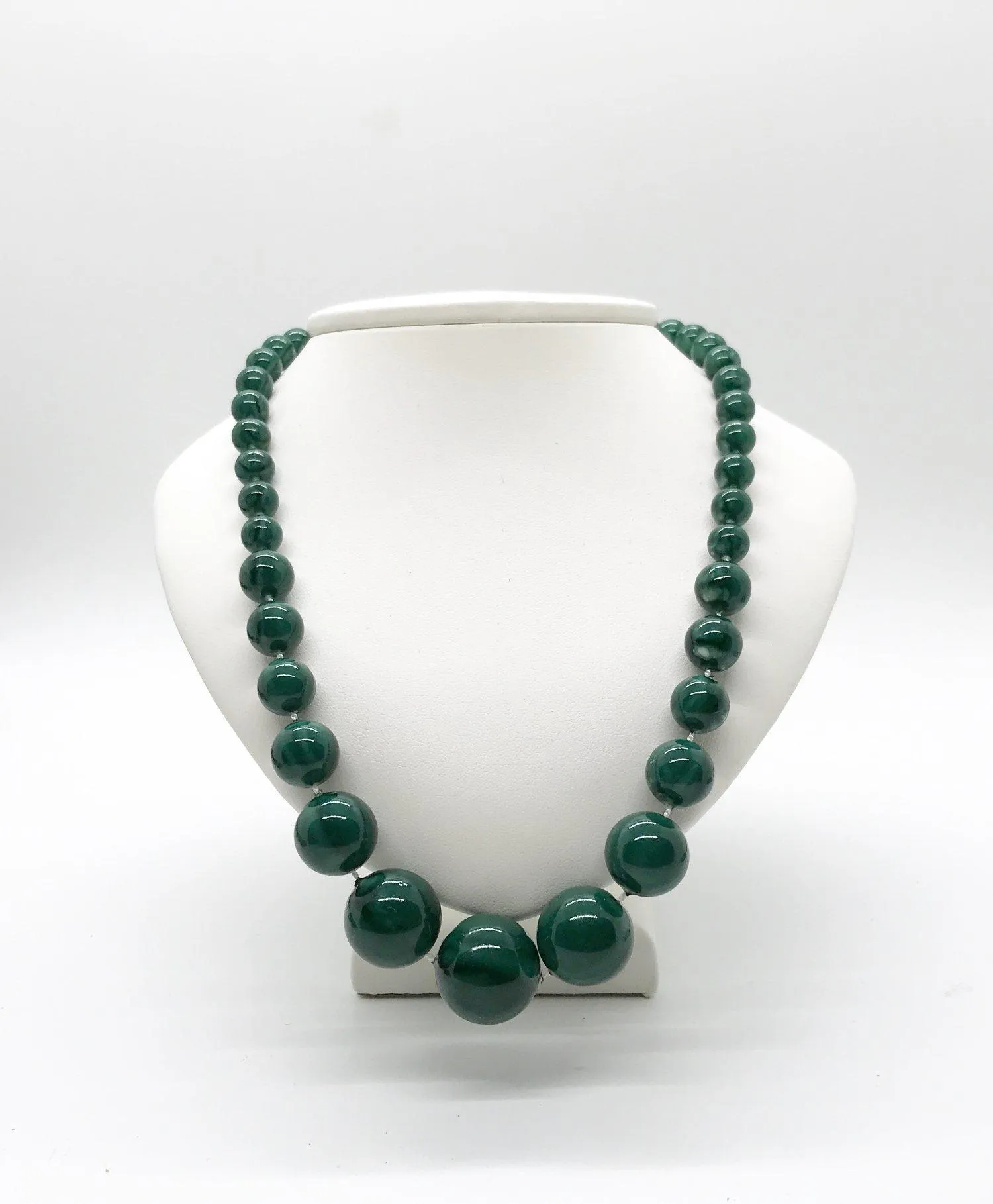 Vintage Deep Green Marbled Bead Necklace and Earrings