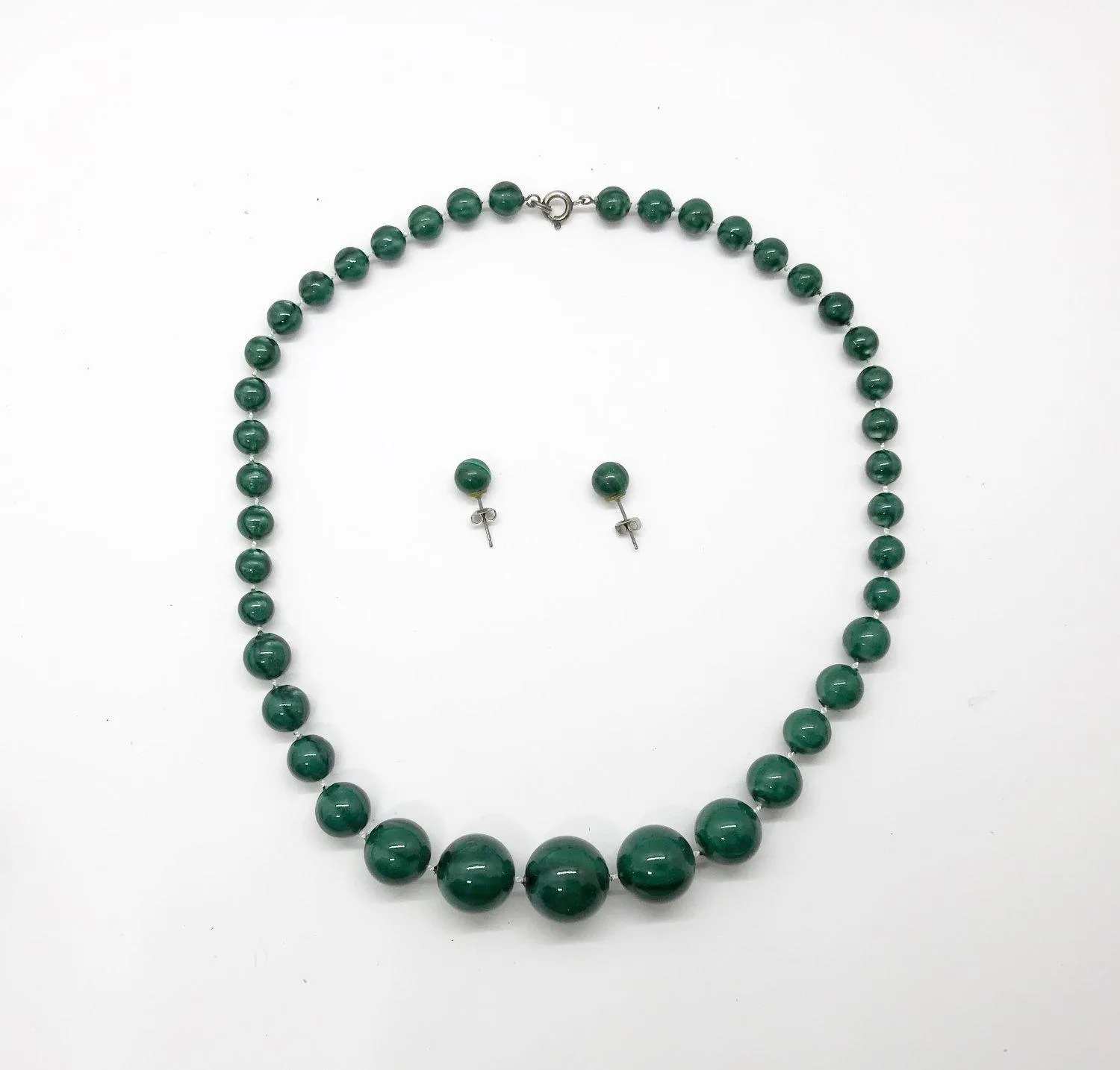 Vintage Deep Green Marbled Bead Necklace and Earrings