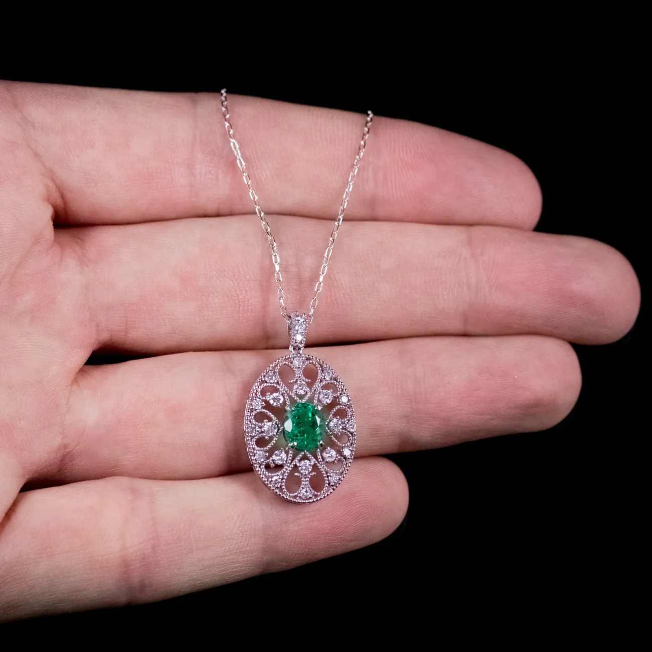 Vintage Emerald Diamond Pendant Necklace 18Ct White Gold