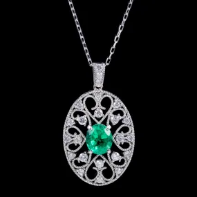 Vintage Emerald Diamond Pendant Necklace 18Ct White Gold