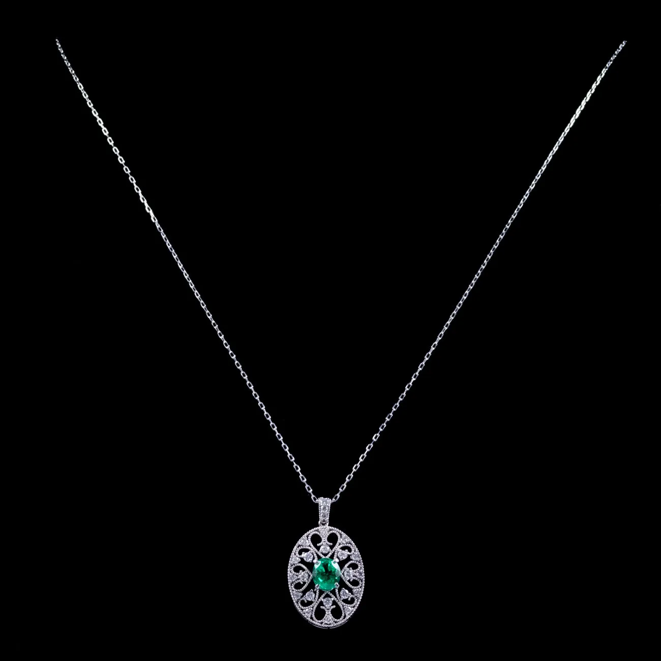 Vintage Emerald Diamond Pendant Necklace 18Ct White Gold