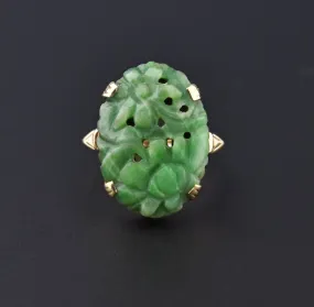 Vintage Gold Pierced Hand Carved Jade Ring