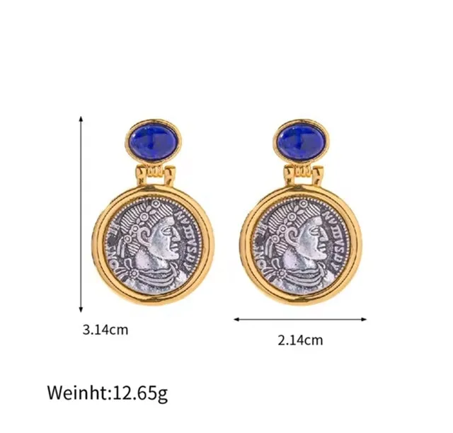 Vintage Lapis Lazuli Greek Coin Earrings