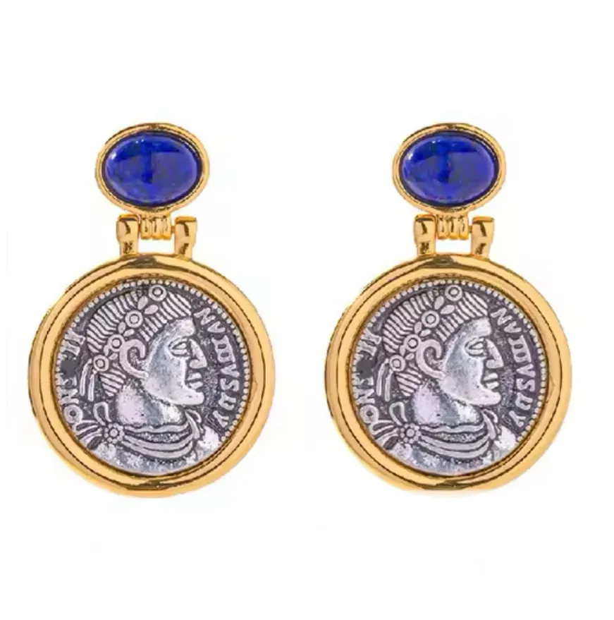 Vintage Lapis Lazuli Greek Coin Earrings