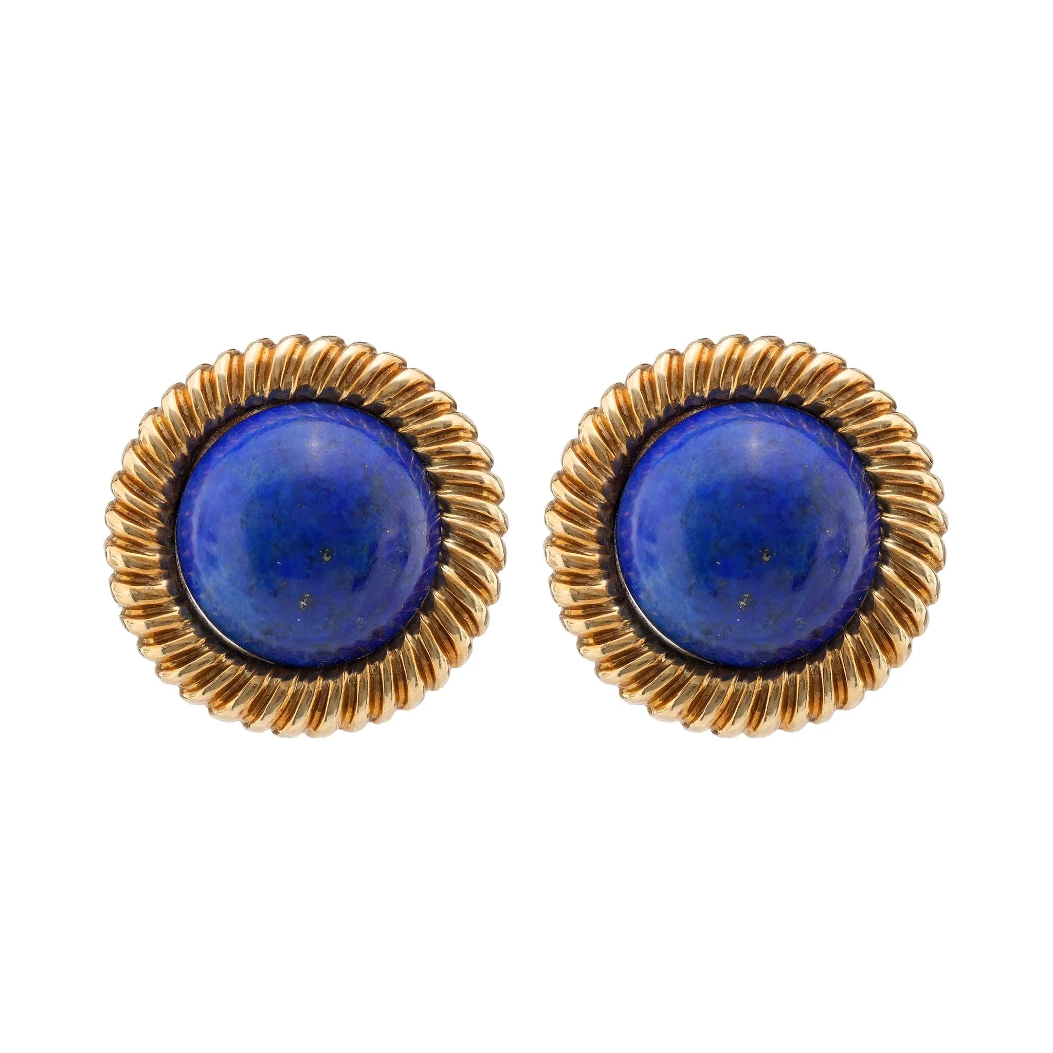 Vintage Large Cabochon Lapis Lazuli 18K Yellow Gold Clip Earrings