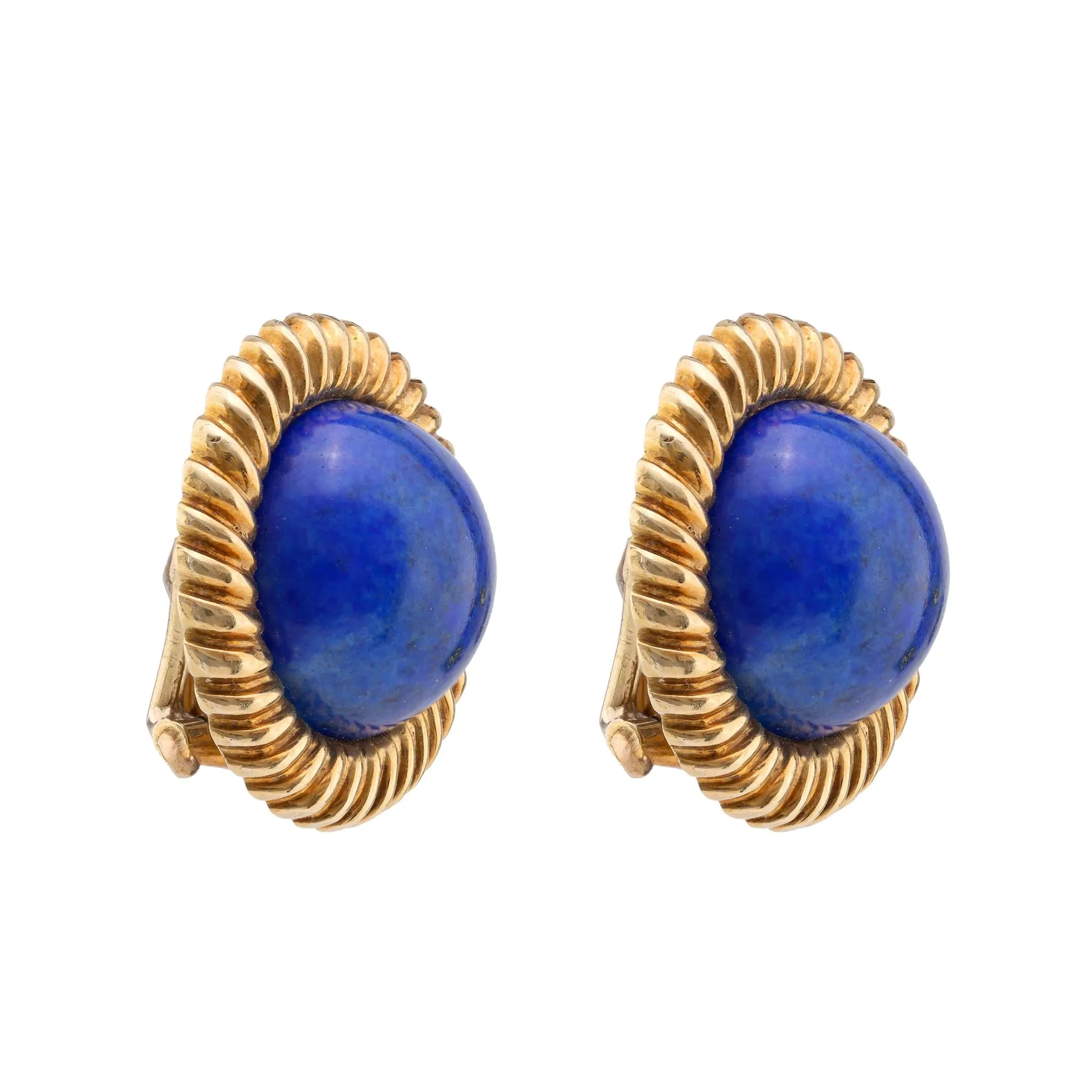 Vintage Large Cabochon Lapis Lazuli 18K Yellow Gold Clip Earrings