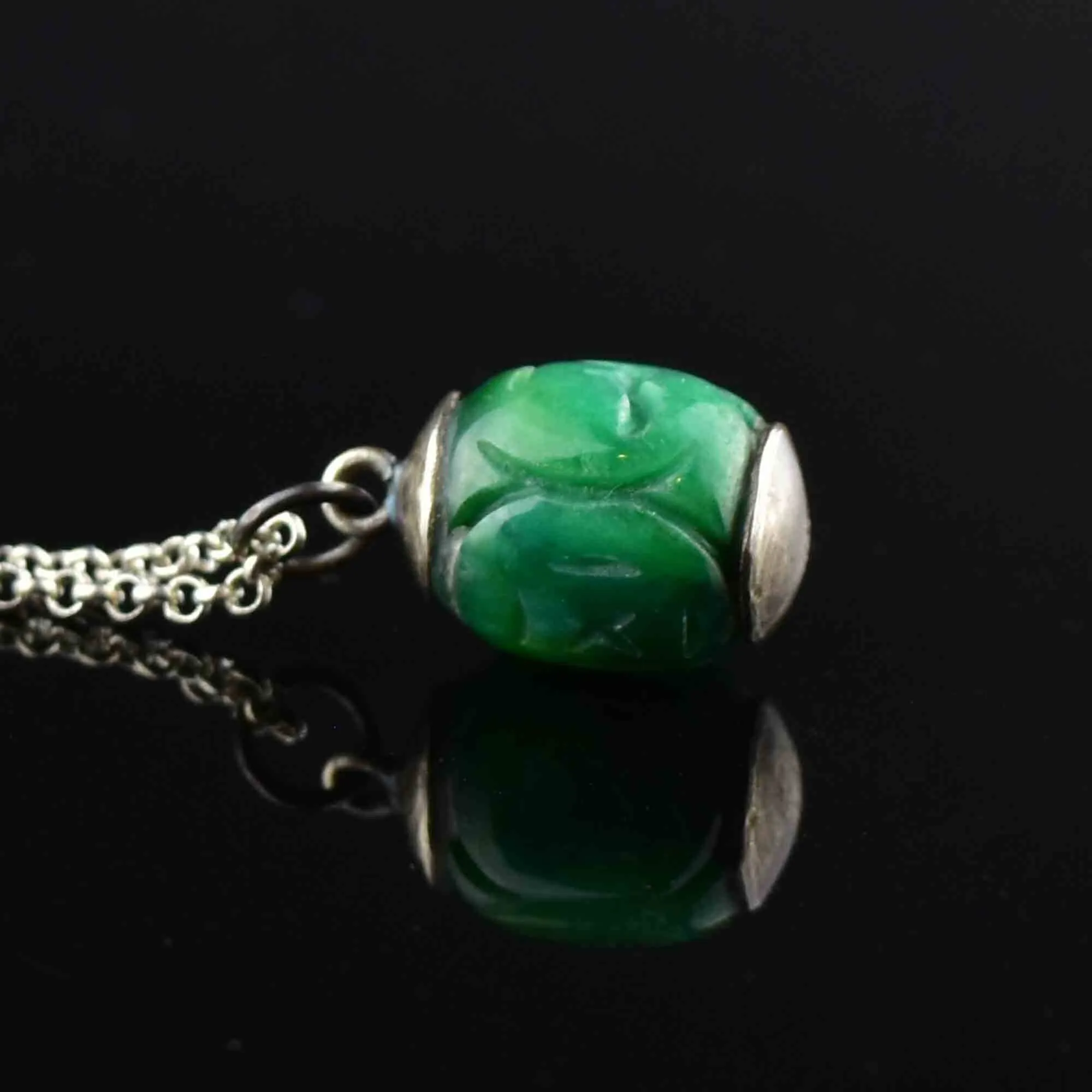 Vintage Silver Carved Jade Lantern Pendant Necklace