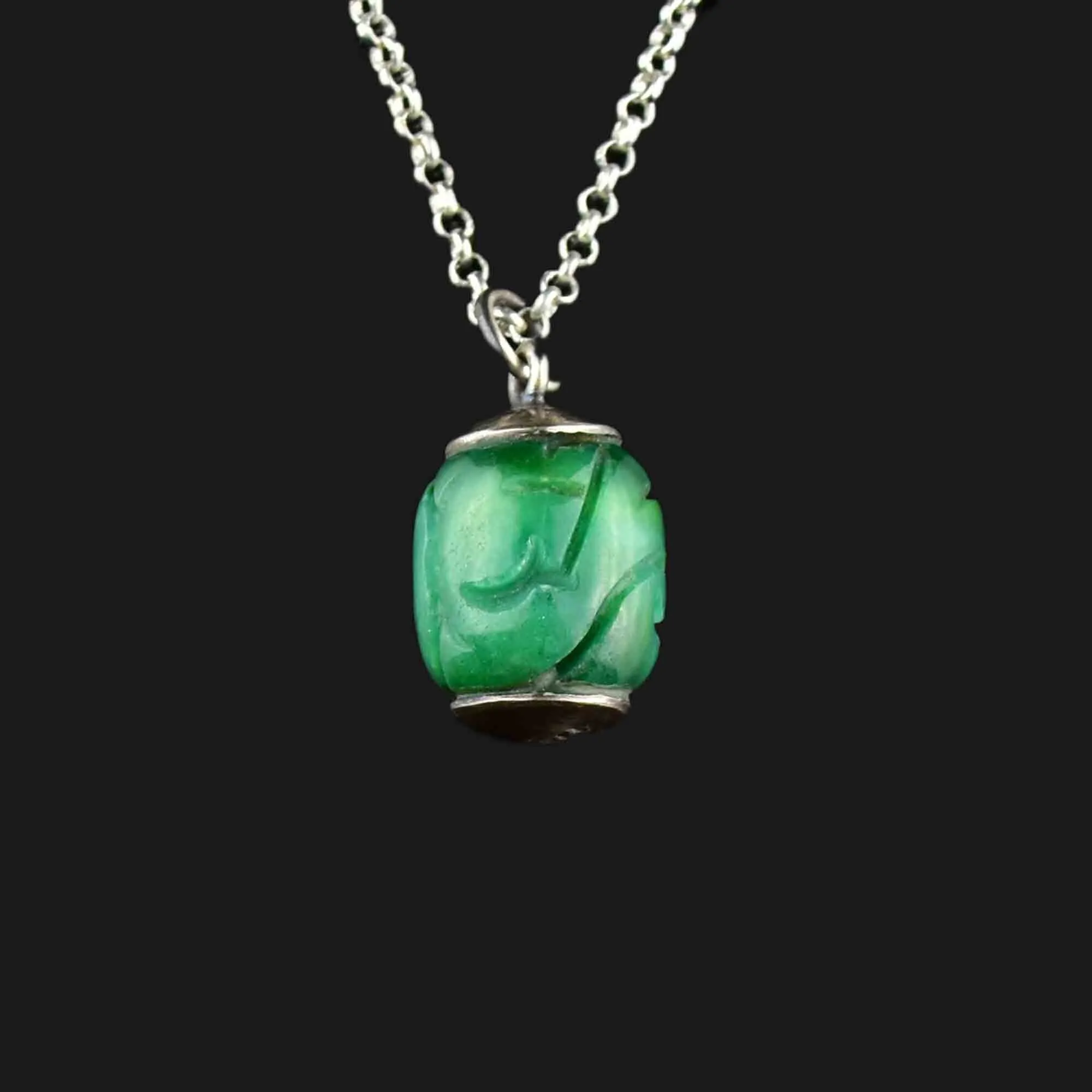 Vintage Silver Carved Jade Lantern Pendant Necklace