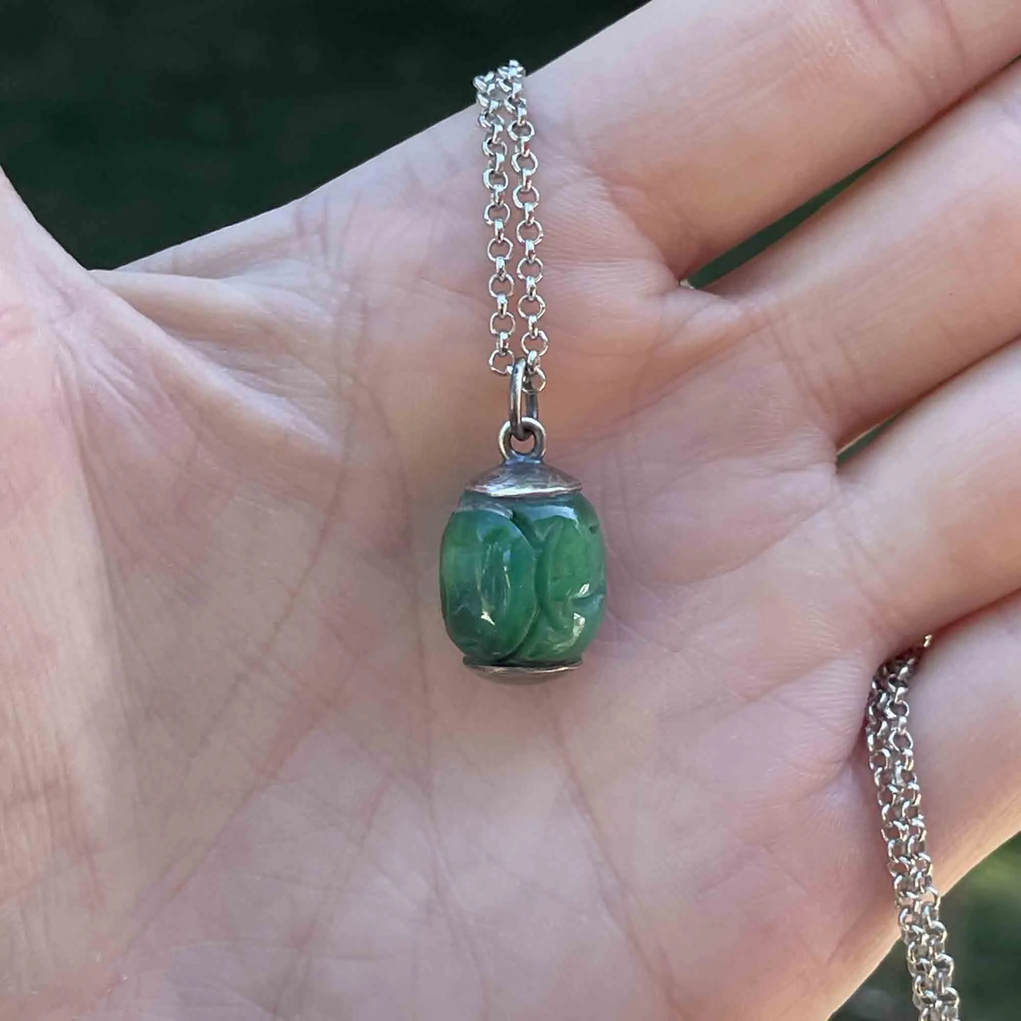 Vintage Silver Carved Jade Lantern Pendant Necklace