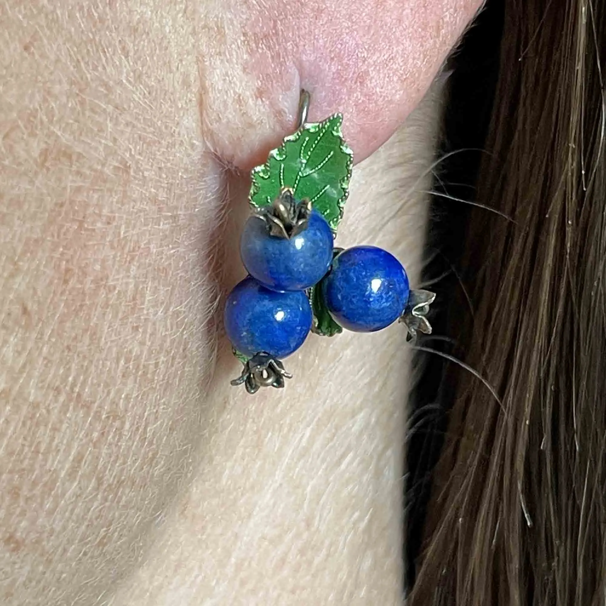 Vintage Sterling Silver Lapis Lazuli Blueberry Enamel Earrings