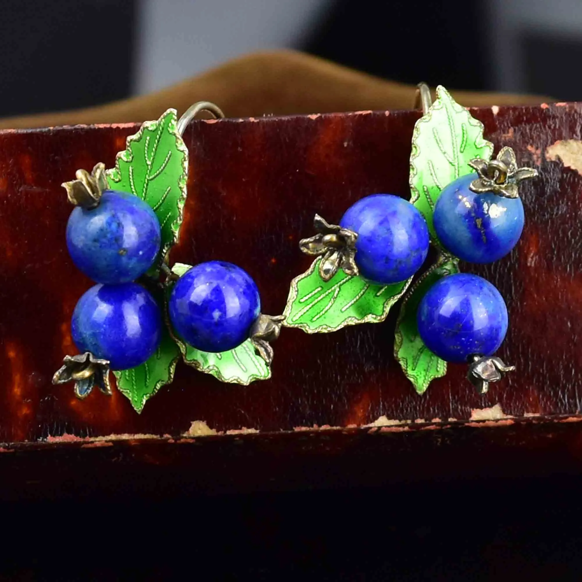 Vintage Sterling Silver Lapis Lazuli Blueberry Enamel Earrings