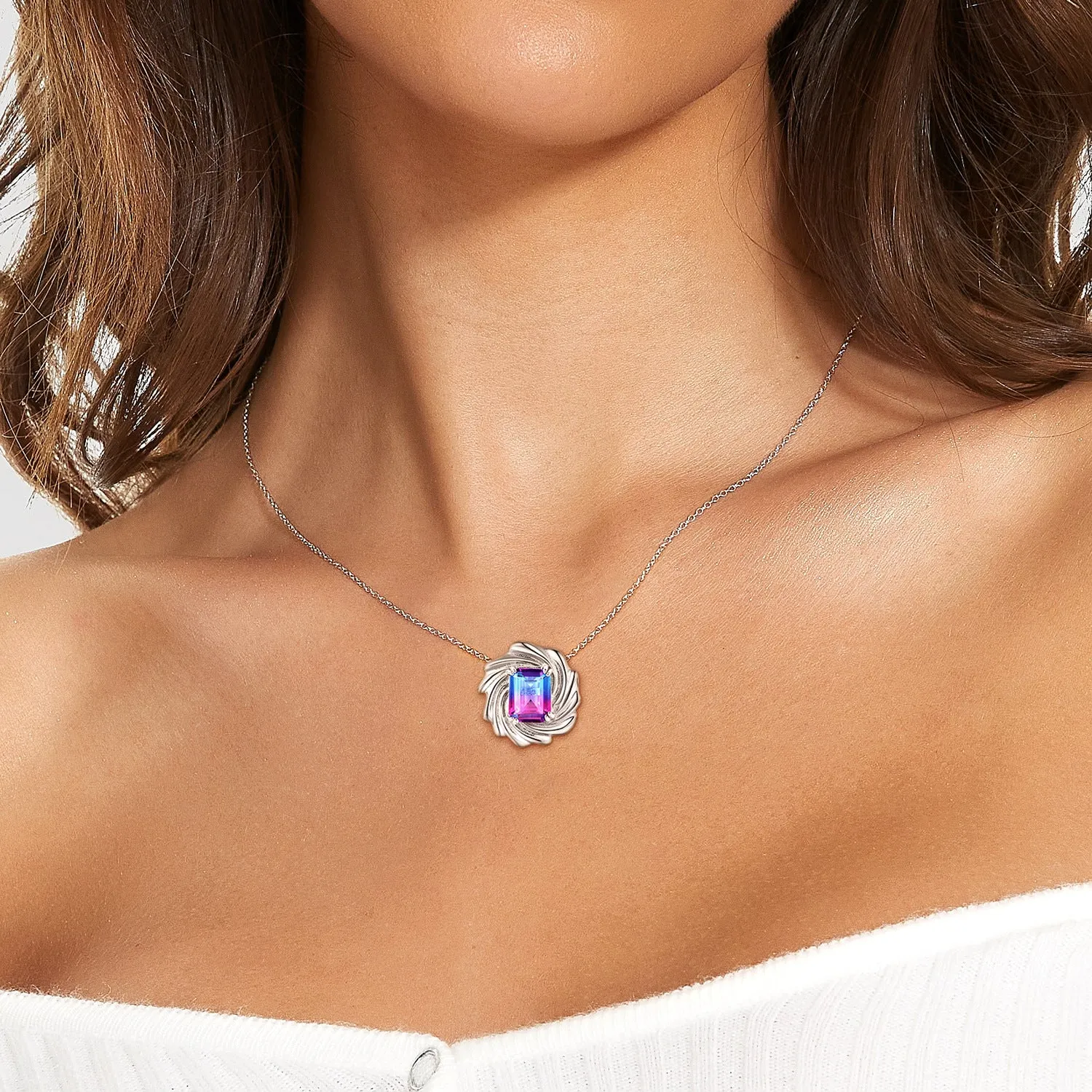 Vortex Shape Pendant Colourful Emerald Cut Zircon Silver Necklace