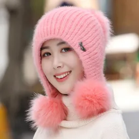 Warm Hat Women Rabbit Fur Lined Pompoms Outdoor Knitted Woolen Warm Winter Cap