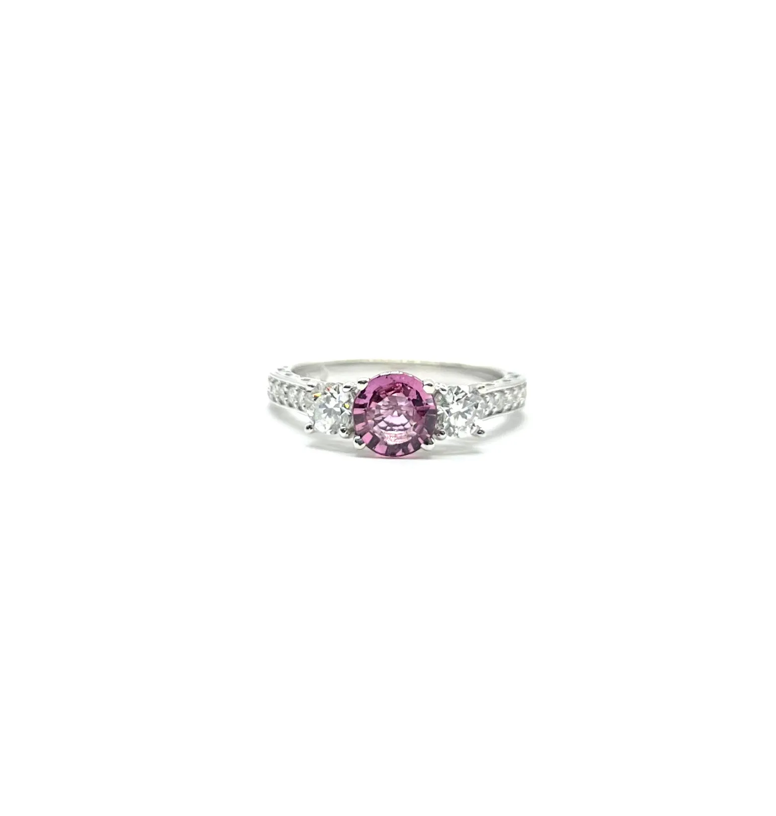 White Gold Pink Sapphire and Diamond 3 Inline Ring