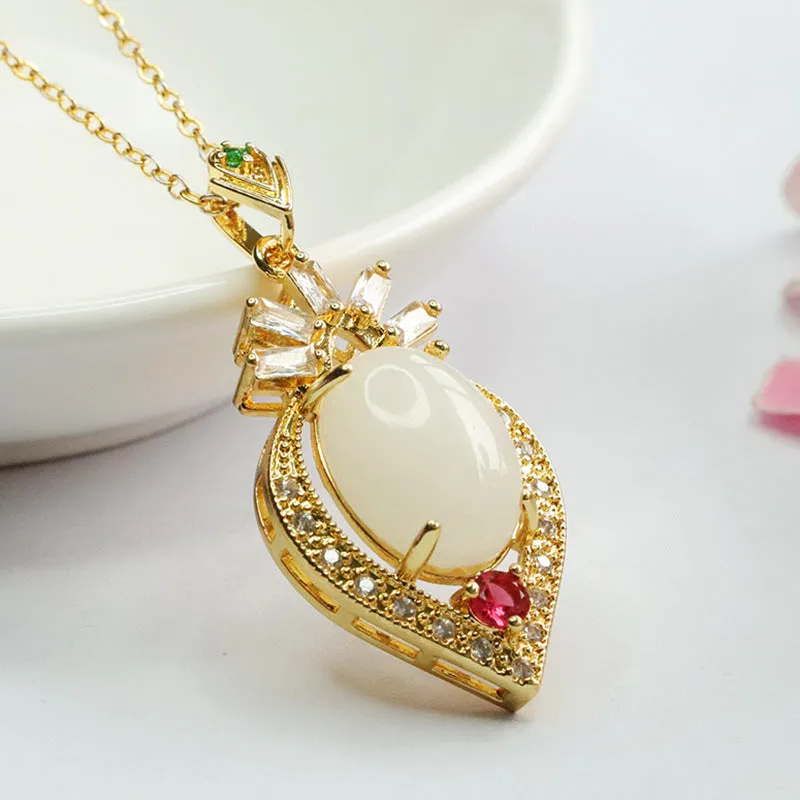 White Jade Peach Heart Pendant with Zircon Embellishments