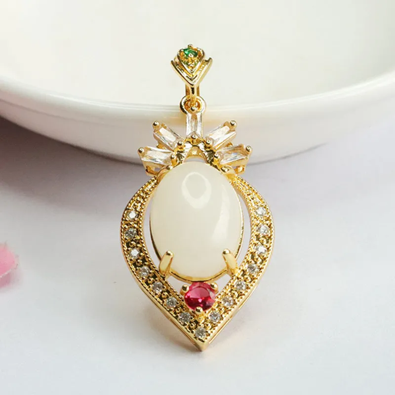 White Jade Peach Heart Pendant with Zircon Embellishments