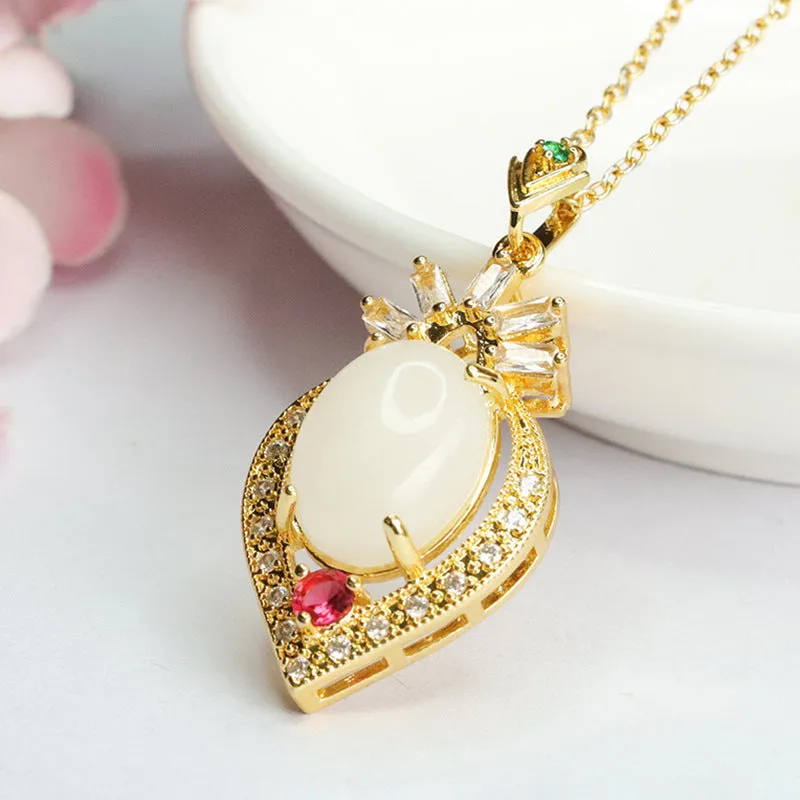 White Jade Peach Heart Pendant with Zircon Embellishments