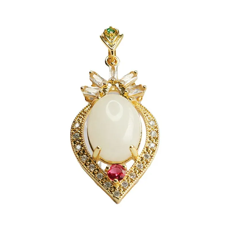 White Jade Peach Heart Pendant with Zircon Embellishments