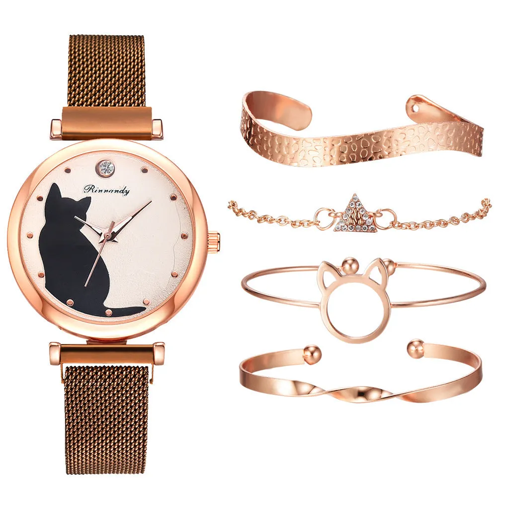 Women's Cat Quartz Watch Bracelet Set