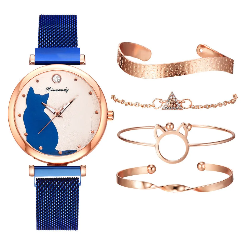 Women's Cat Quartz Watch Bracelet Set