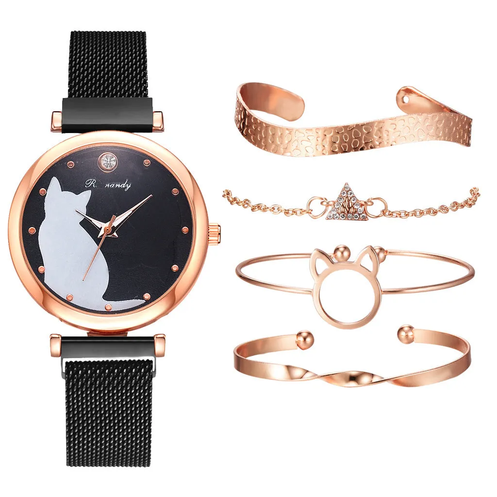 Women's Cat Quartz Watch Bracelet Set