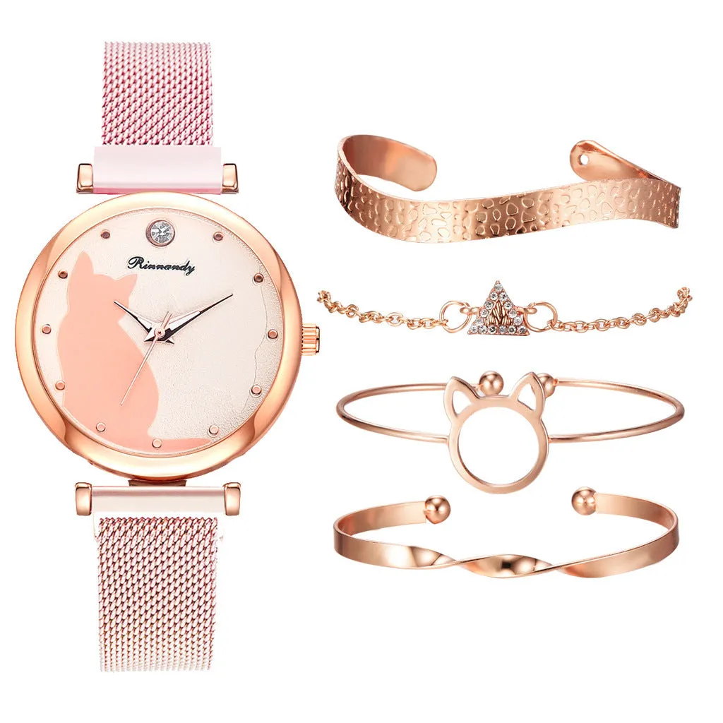 Women's Cat Quartz Watch Bracelet Set