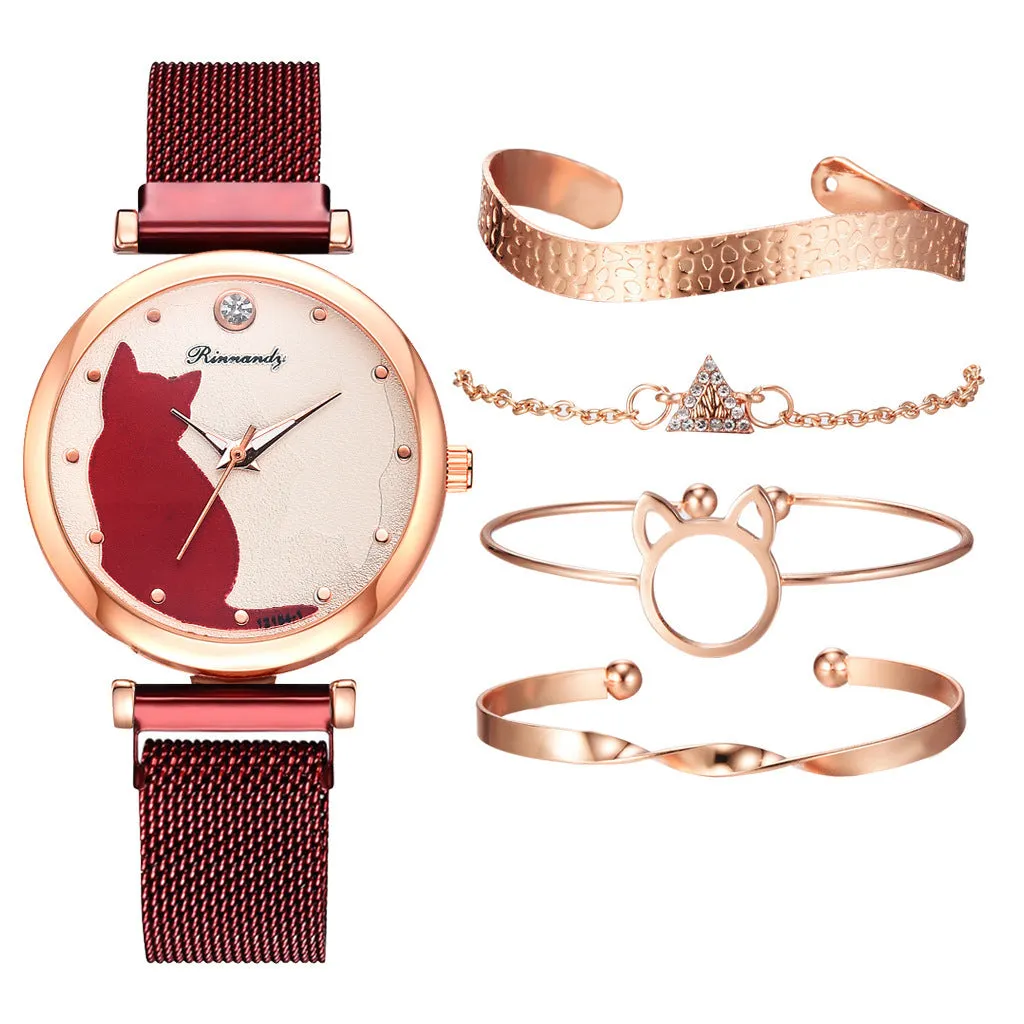 Women's Cat Quartz Watch Bracelet Set