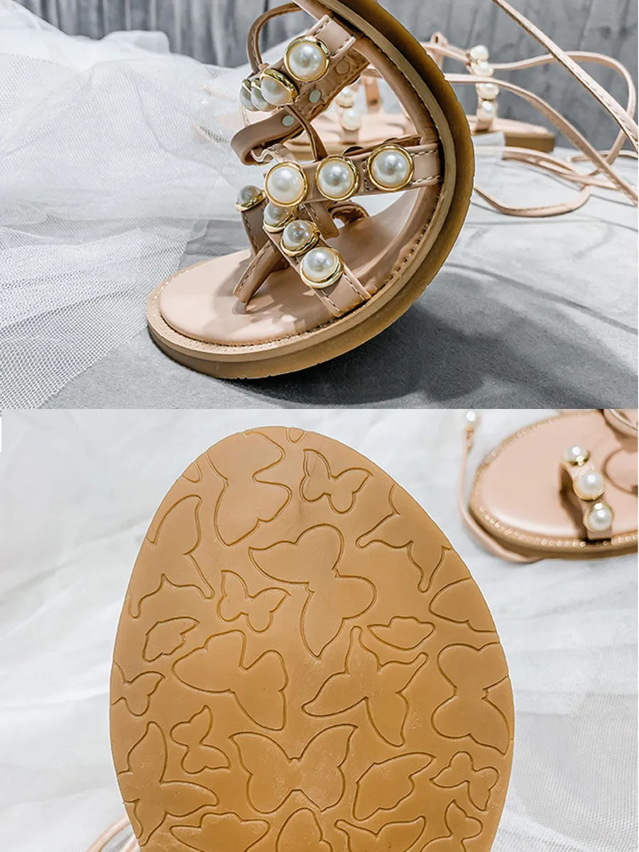 Women's Strap Round Toe Pearl Toe Ring Boho Sandals