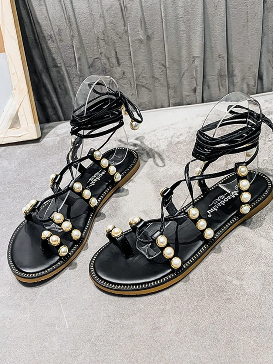 Women's Strap Round Toe Pearl Toe Ring Boho Sandals