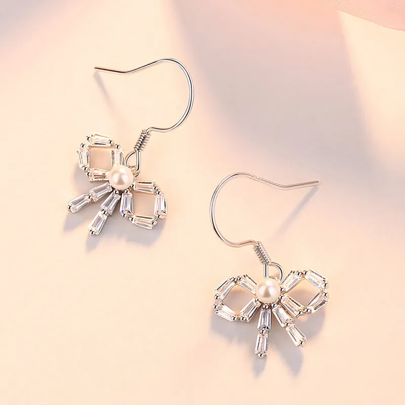 Zircon Bow with Pearl Silver Drop Earrings for Women